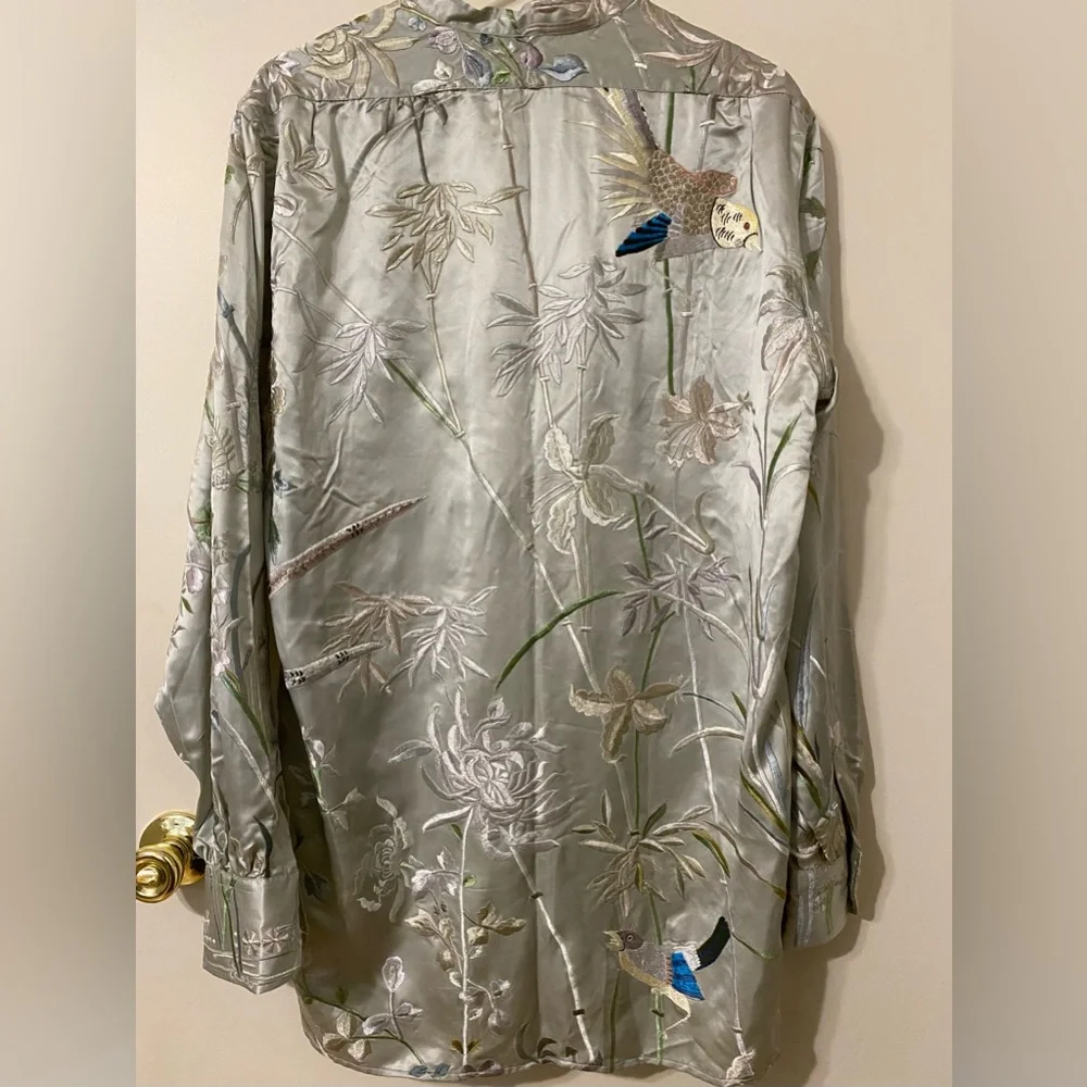 Vintage Gucci x Tom Ford SS03 Floral Bird Embroidered Silk Oversized Shirt Top
